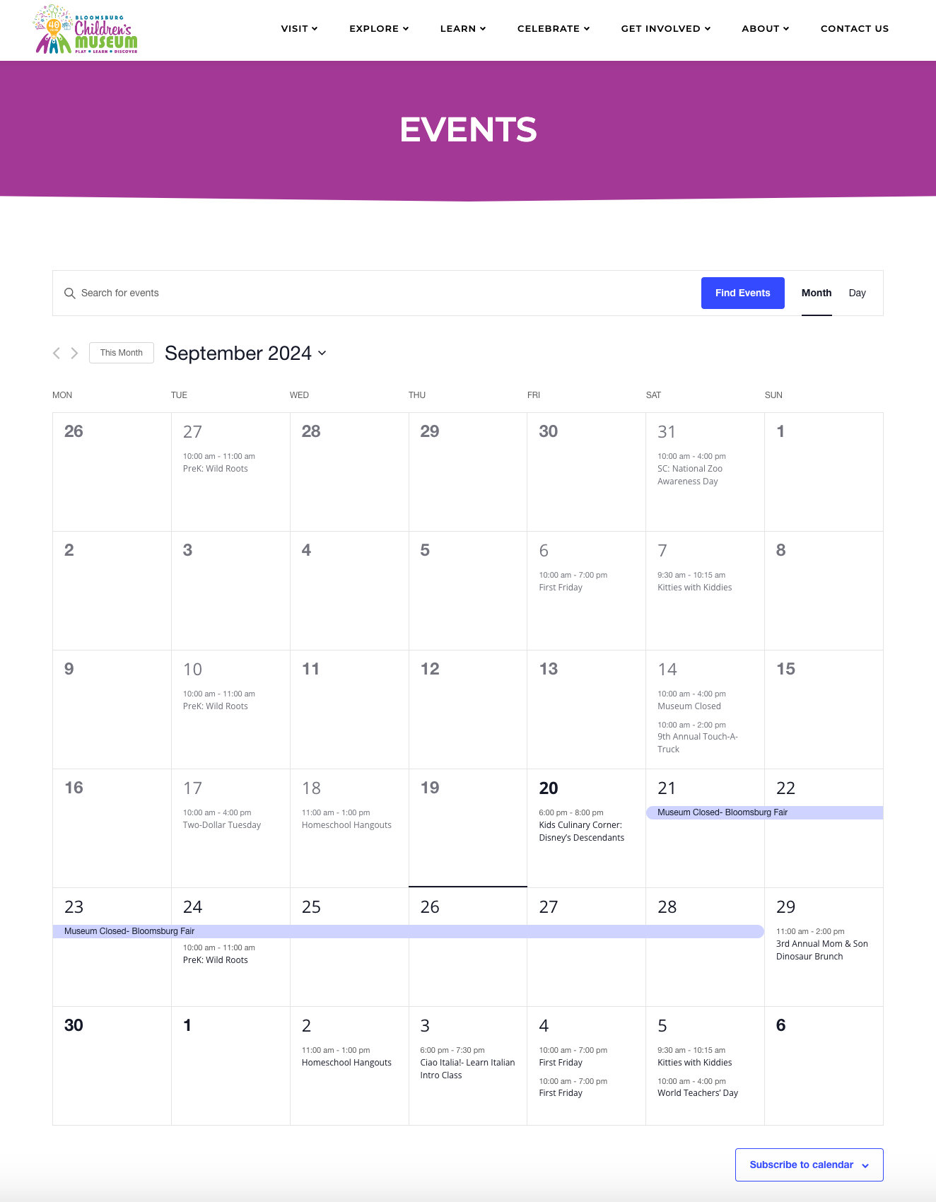 A screenshot of an events page with a calendar.